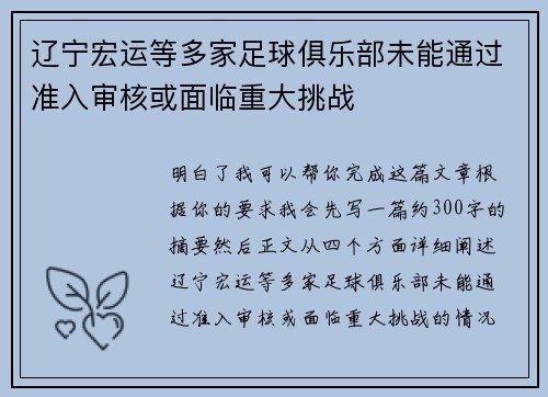 辽宁宏运等多家足球俱乐部未能通过准入审核或面临重大挑战